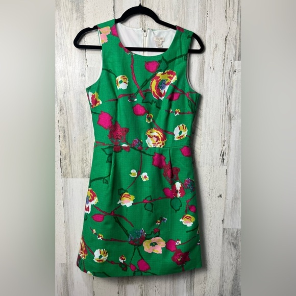 J. Crew Pleated Shift Dress Floral Green Linen Sleeveless Knee Length Size 2 - Picture 3 of 11